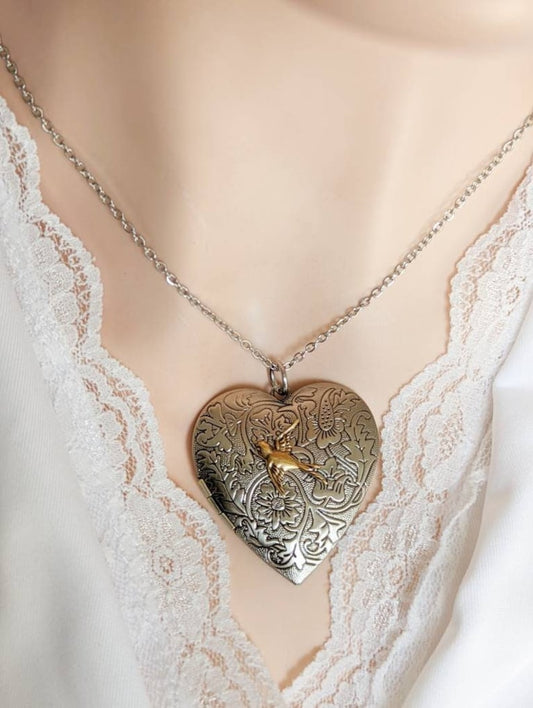 Heart Locket Pendant Necklace | Silver Bird Choker, Handmade Jewelry