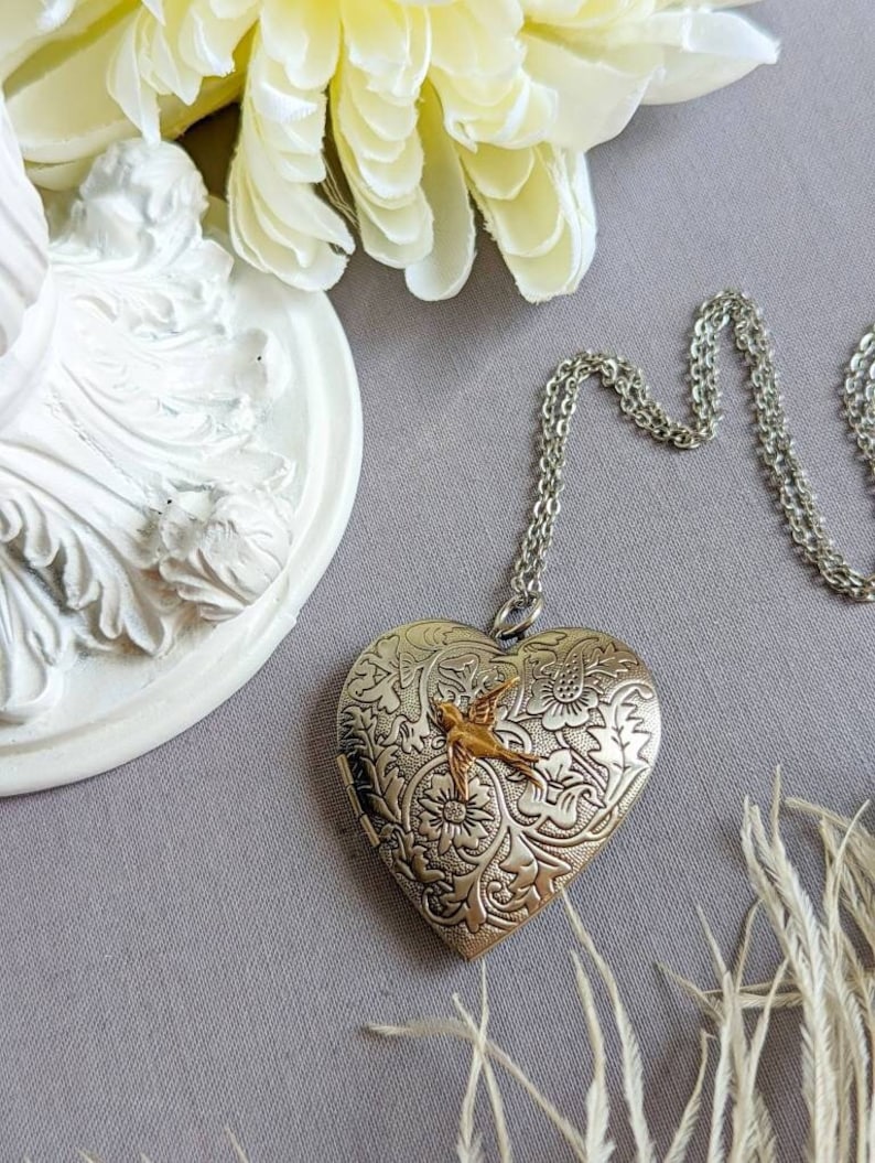 Heart Locket Pendant Necklace | Silver Bird Choker, Handmade Jewelry