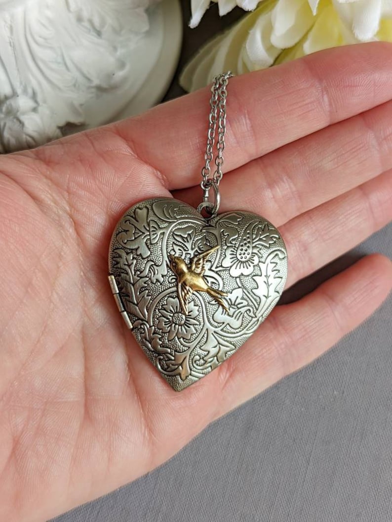 Heart Locket Pendant Necklace | Silver Bird Choker, Handmade Jewelry