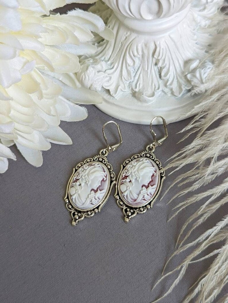 Goddess Cameo Statement Earrings: Silver Finish, Victorian Style