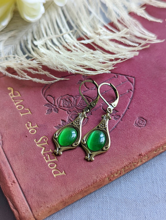 Victorian Green Dangle Earrings – Emerald Cats Eye, Vintage Style