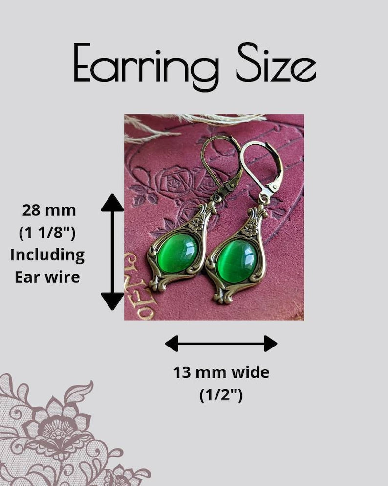 Victorian Green Dangle Earrings – Emerald Cats Eye, Vintage Style