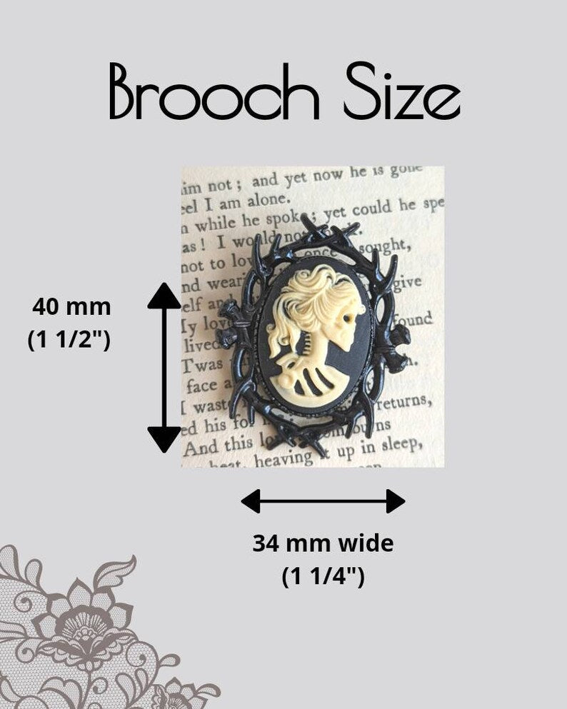 Lady Skull Brooch - Gothic Black Cameo - Dark Academia Whimsigothic Jewelry
