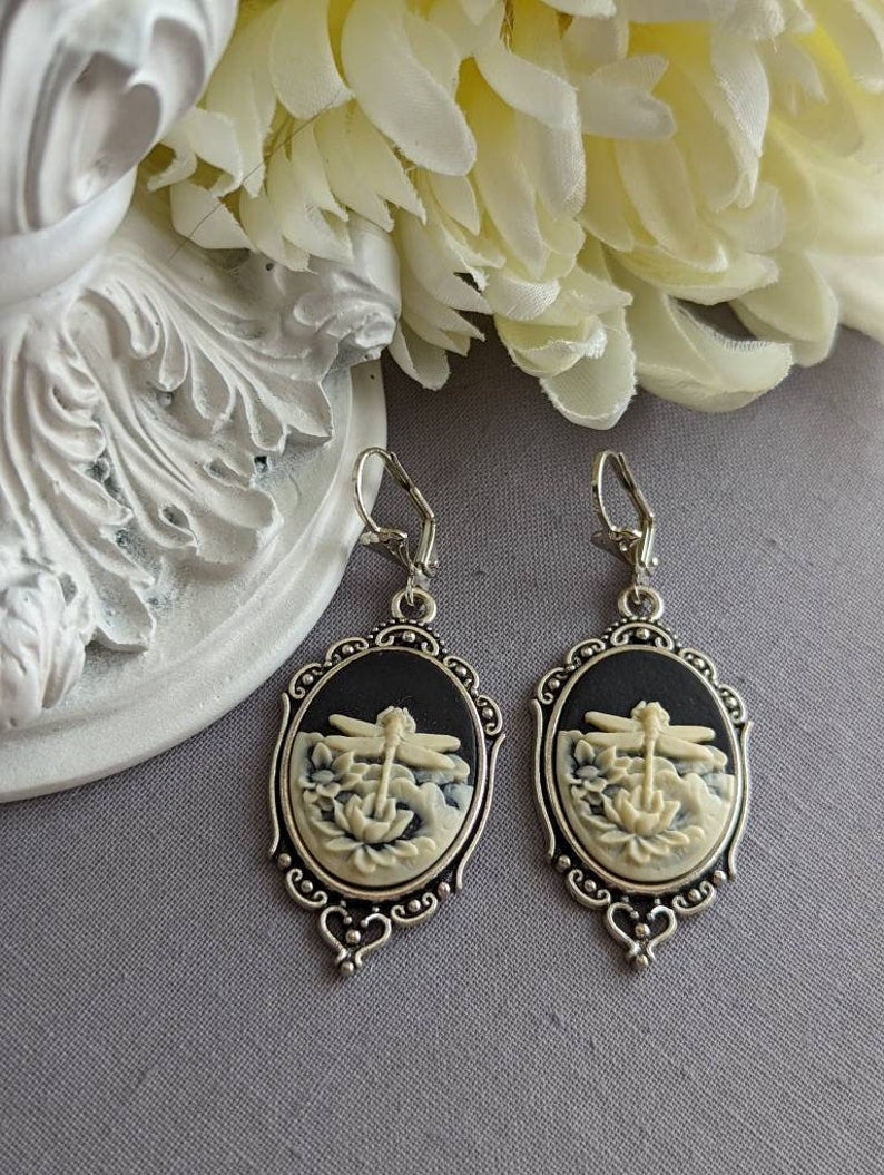 Black Dragonfly Cameo Earrings: Gothic Victorian Style