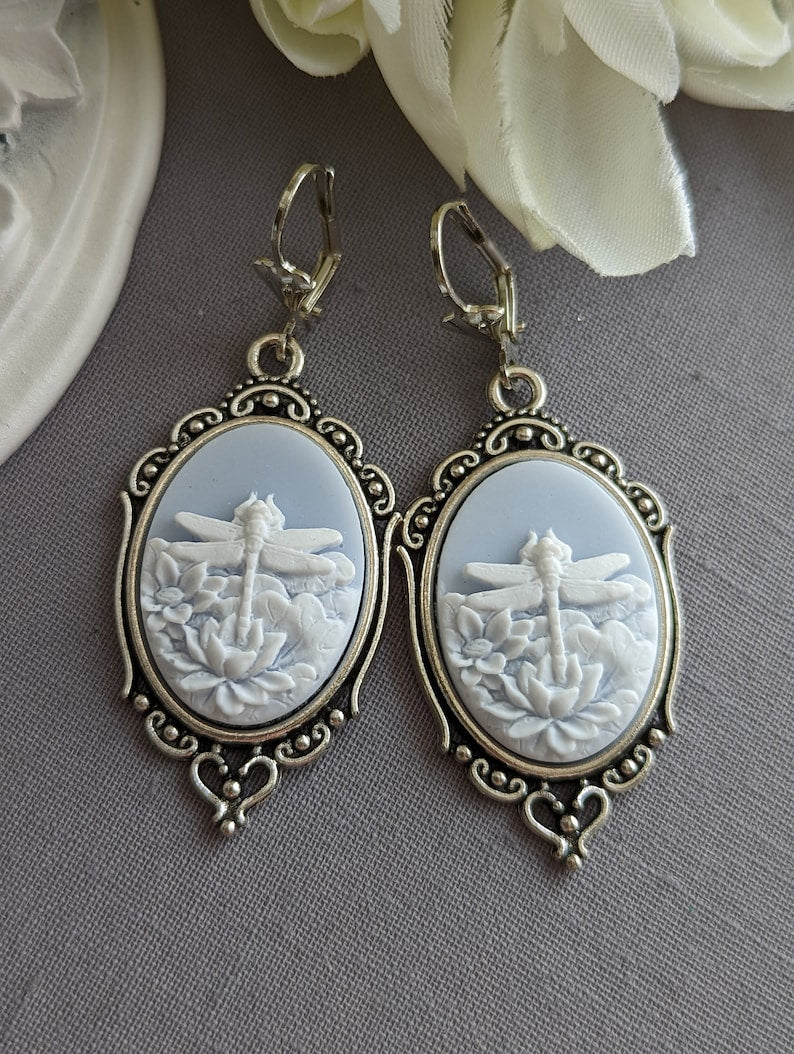 Dragonfly Cameo Earrings – Brass Victorian Style, Nature-Inspired Jewelry