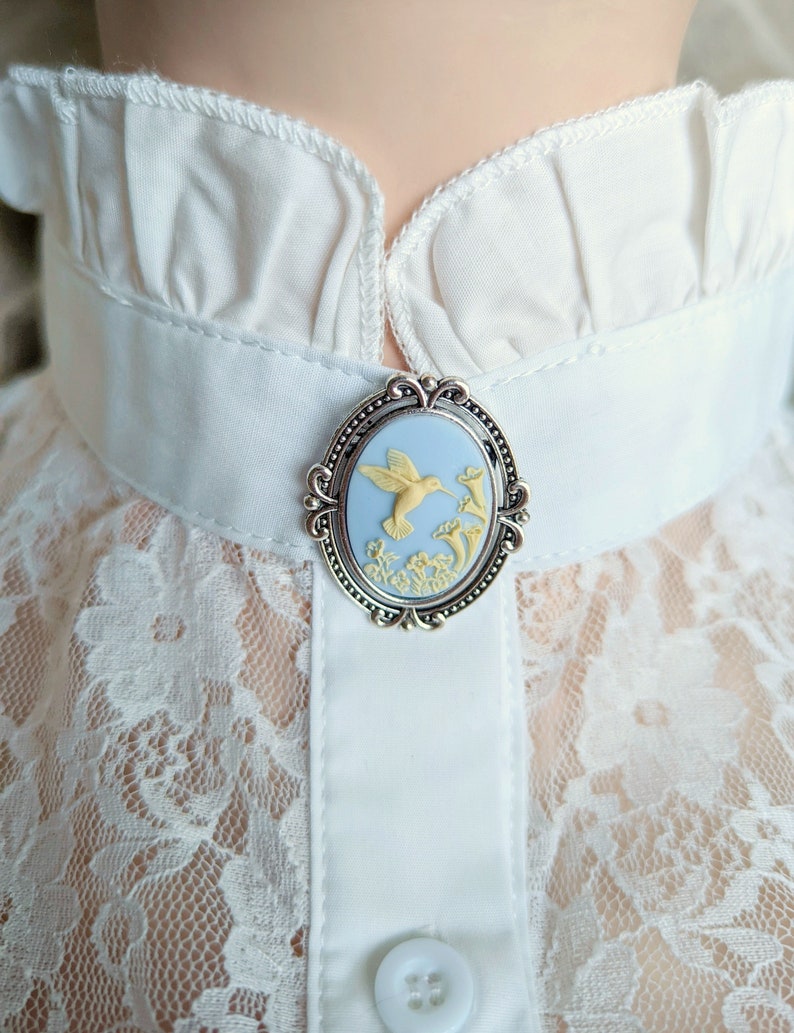 Blue Hummingbird Cameo Brooch | Antiqued Silver Bird Pin Jewelry