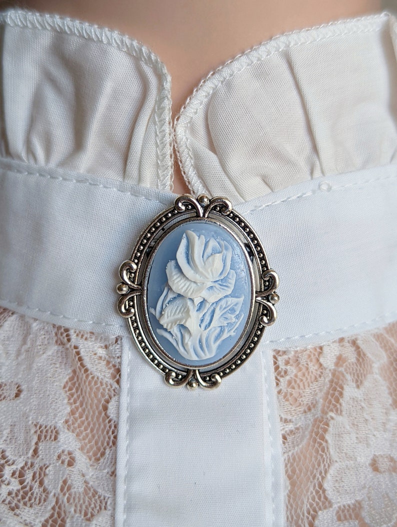 Blue Cameo Brooch: Cabbage Rose Pin, Victorian Style Jewelry