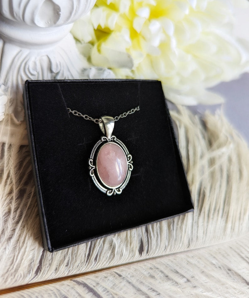 Rose Quartz Necklace | Antique Silver Pendant, Handmade Jewelry