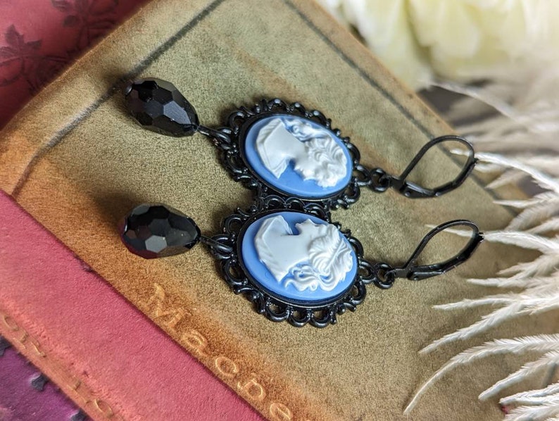Blue Lady Cameo Earrings | Gothic Victorian Jewelry, Dark Academia Gift