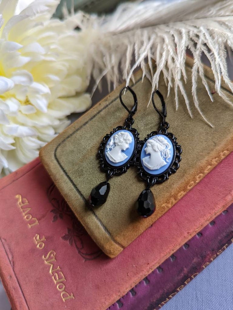 Blue Lady Cameo Earrings | Gothic Victorian Jewelry, Dark Academia Gift