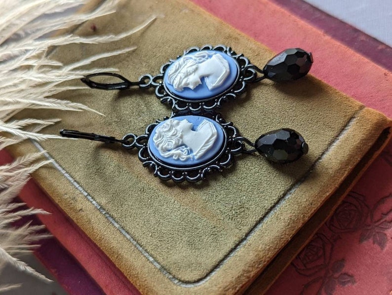 Blue Lady Cameo Earrings | Gothic Victorian Jewelry, Dark Academia Gift