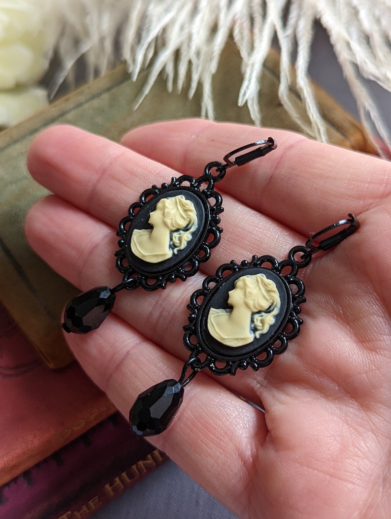 Gothic Victorian Cameo Earrings, Dark Academia Jewelry Gift