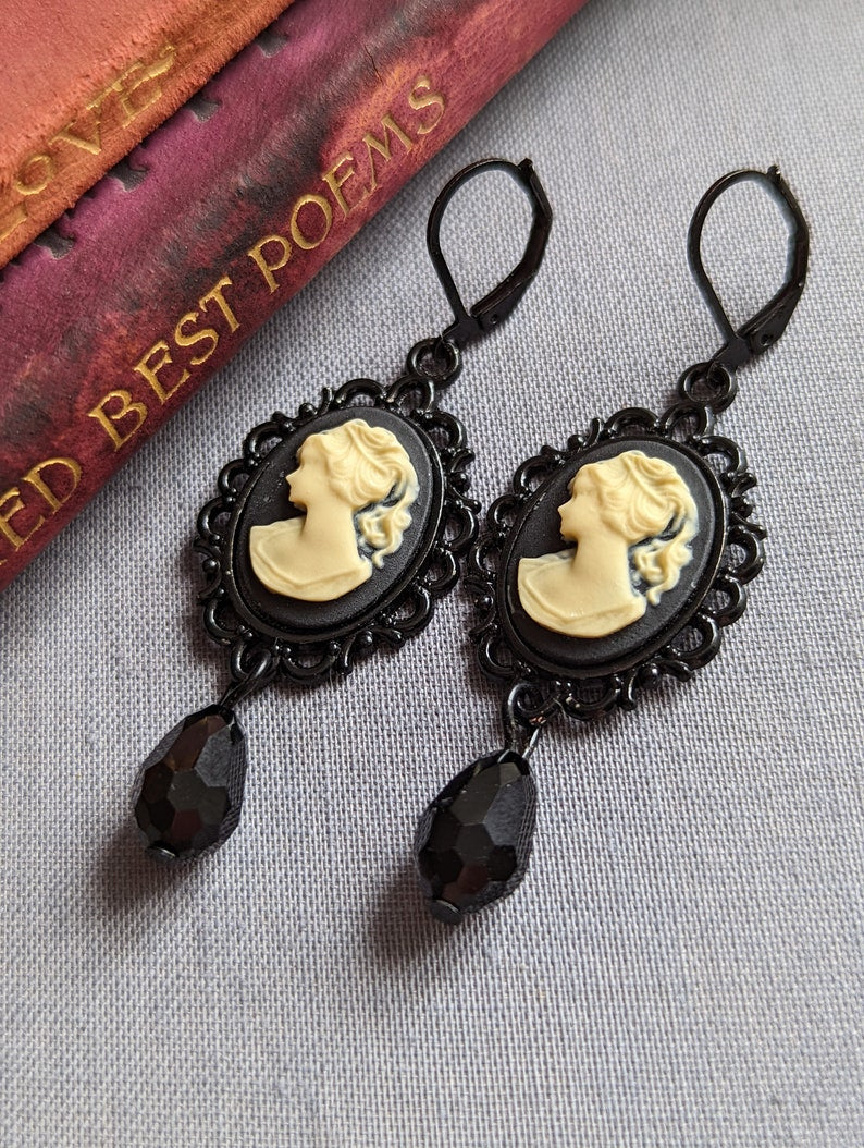 Gothic Victorian Cameo Earrings, Dark Academia Jewelry Gift