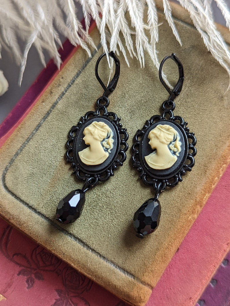 Gothic Victorian Cameo Earrings, Dark Academia Jewelry Gift
