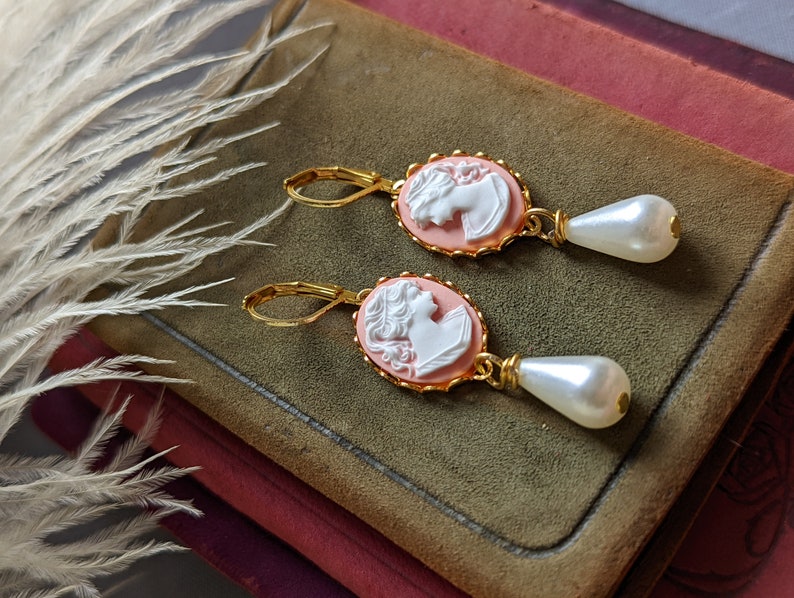 Handmade Pink Cameo Pearl Earrings | Victorian Romantic Jewelry