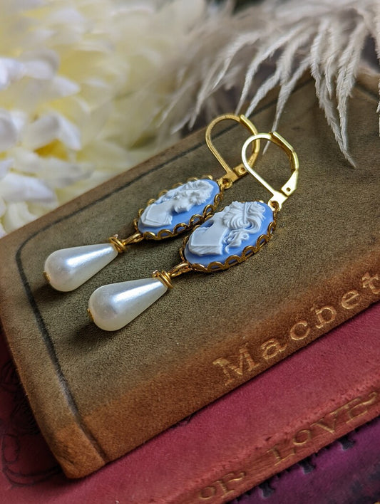 Blue Cameo Pearl Earrings | Victorian Brass Lace Vintage Jewelry