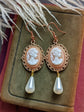 Victorian Cameo Pearl Drop Earrings, 14k Rose Gold Plated