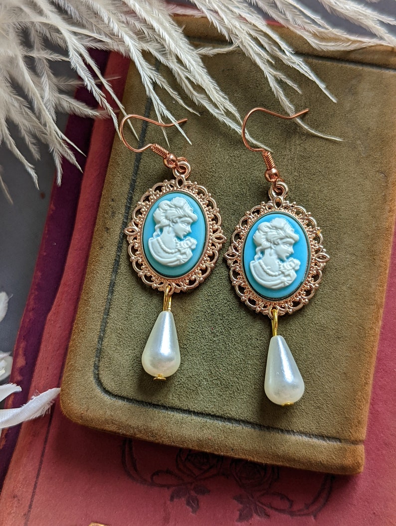 Victorian Cameo Pearl Drop Earrings, 14k Rose Gold Plated