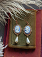 Victorian Cameo Pearl Drop Earrings, 14k Rose Gold Plated