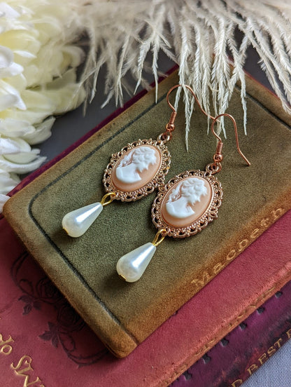 Victorian Cameo Pearl Drop Earrings, 14k Rose Gold Plated