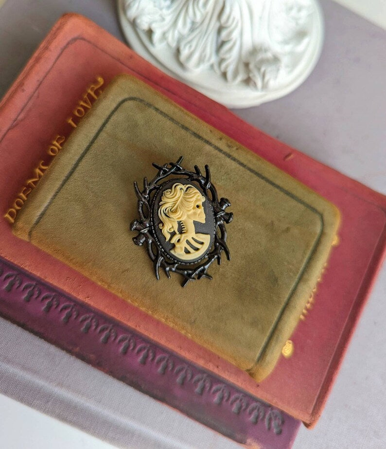 Lady Skull Brooch - Gothic Black Cameo - Dark Academia Whimsigothic Jewelry