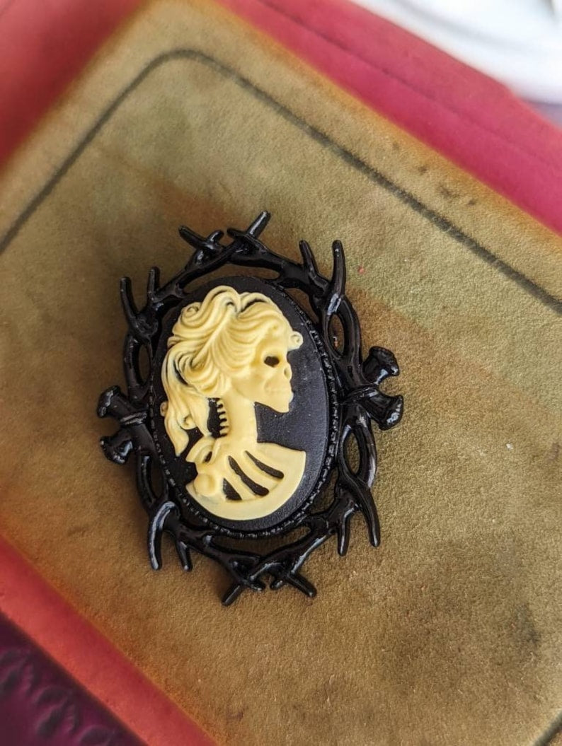Lady Skull Brooch - Gothic Black Cameo - Dark Academia Whimsigothic Jewelry