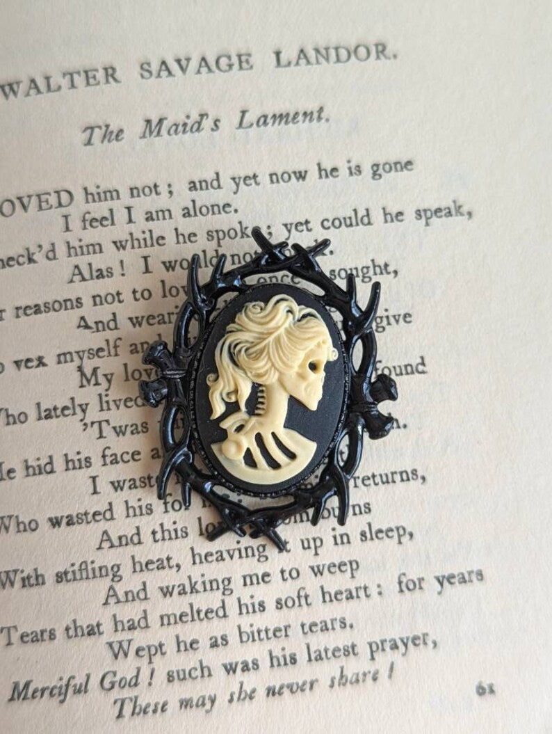 Lady Skull Brooch - Gothic Black Cameo - Dark Academia Whimsigothic Jewelry