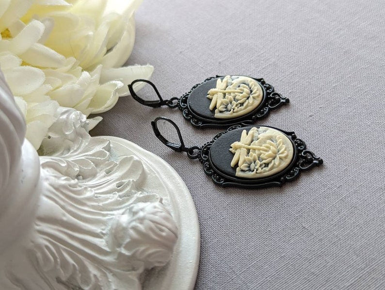 Black Dragonfly Cameo Earrings: Gothic Victorian Style