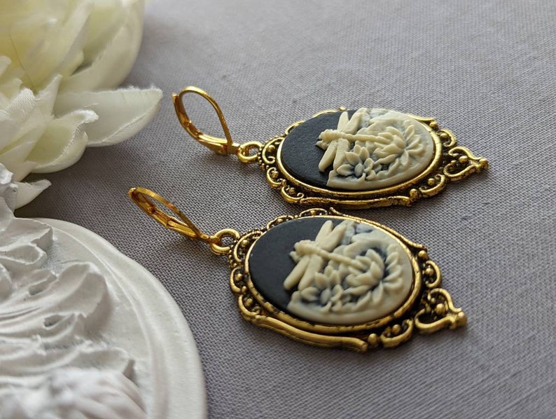 Black Dragonfly Cameo Earrings: Gothic Victorian Style