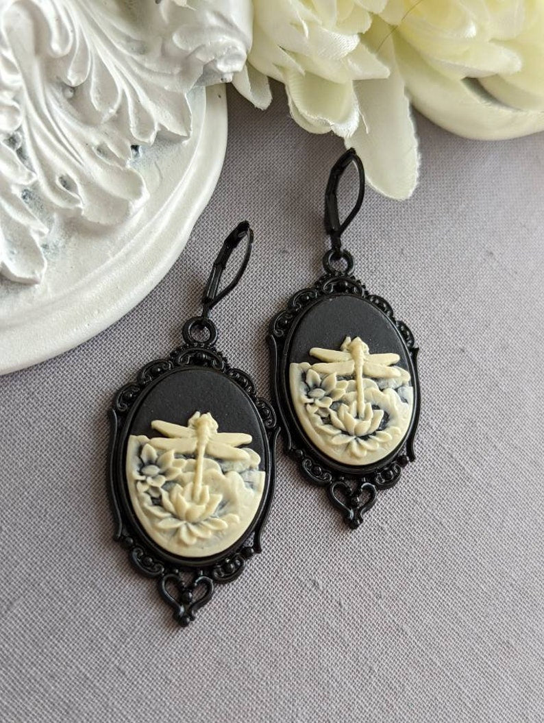 Black Dragonfly Cameo Earrings: Gothic Victorian Style