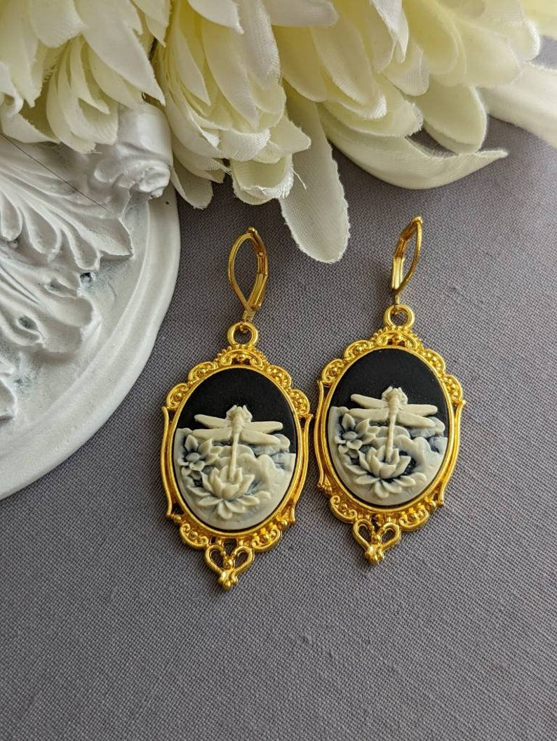 Black Dragonfly Cameo Earrings: Gothic Victorian Style