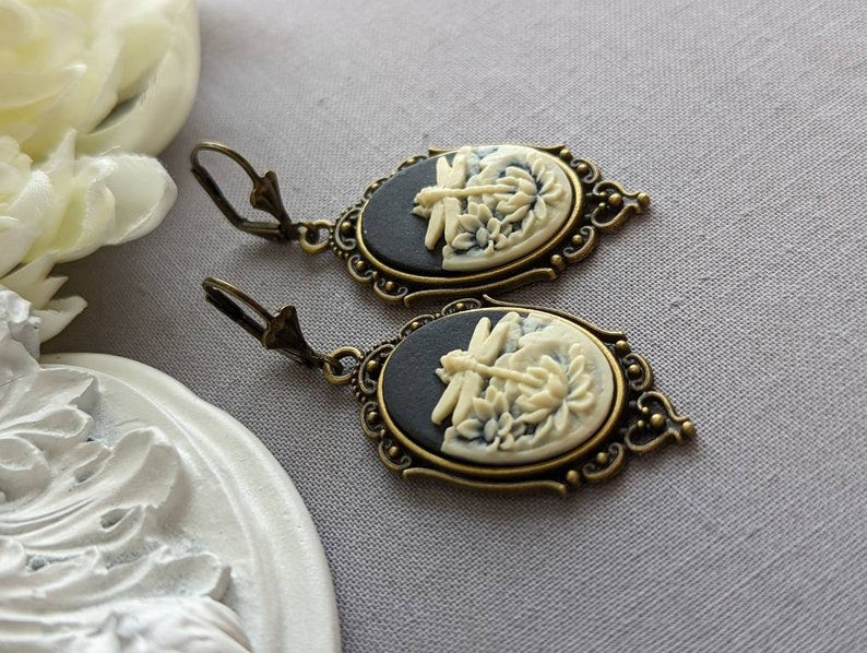 Black Dragonfly Cameo Earrings: Gothic Victorian Style
