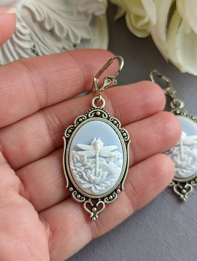 Dragonfly Cameo Earrings – Brass Victorian Style, Nature-Inspired Jewelry