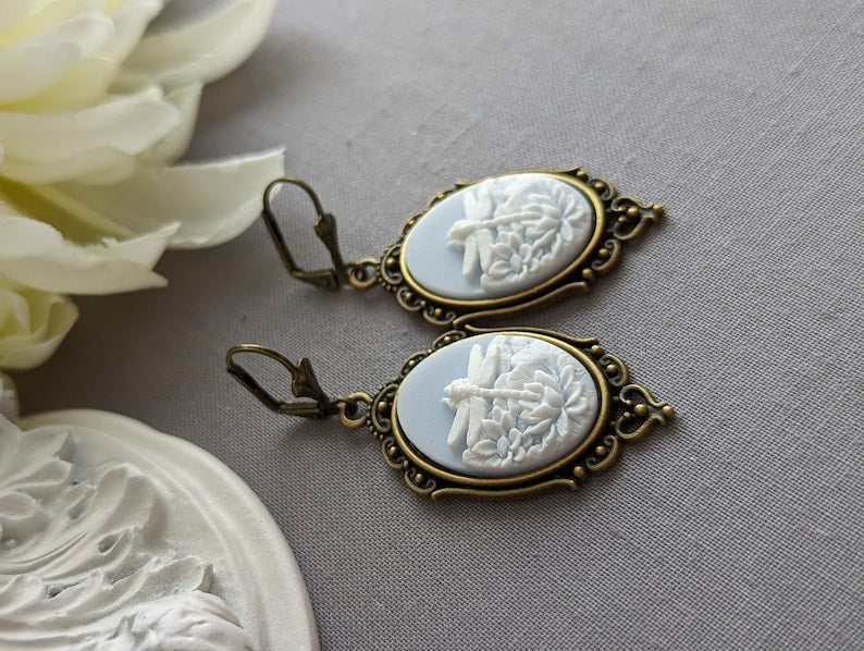 Dragonfly Cameo Earrings – Brass Victorian Style, Nature-Inspired Jewelry