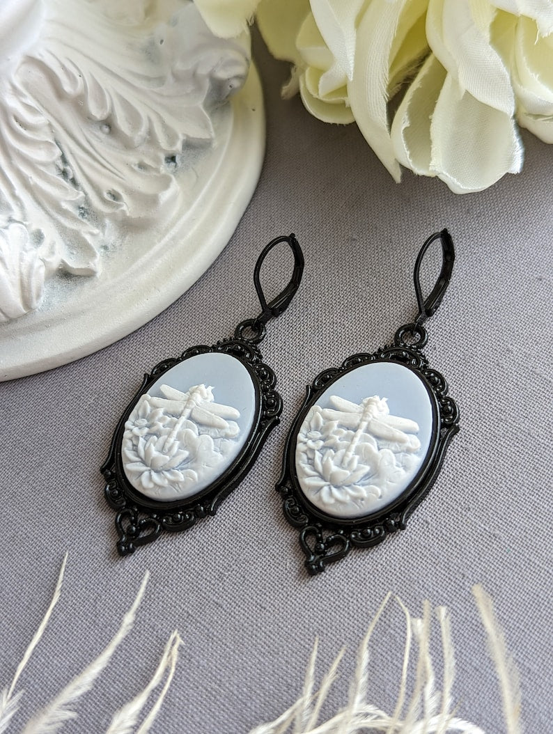 Dragonfly Cameo Earrings – Brass Victorian Style, Nature-Inspired Jewelry
