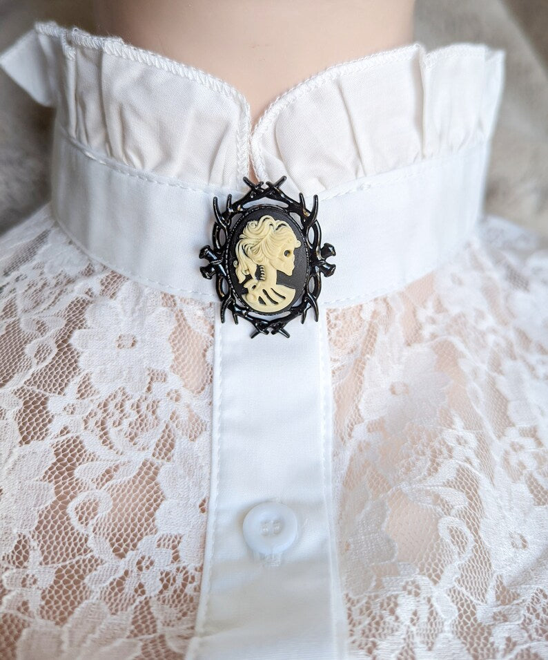 Lady Skull Brooch - Gothic Black Cameo - Dark Academia Whimsigothic Jewelry