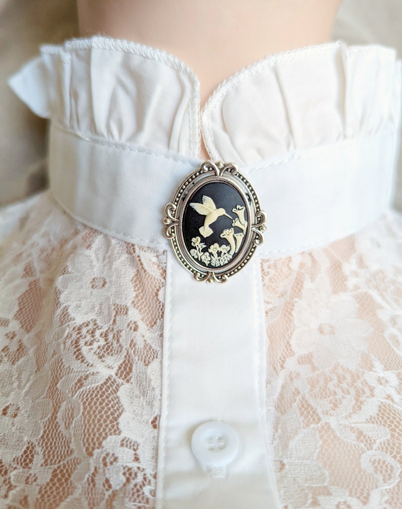 Black Hummingbird Cameo Brooch: Antiqued Silver Bird Pin