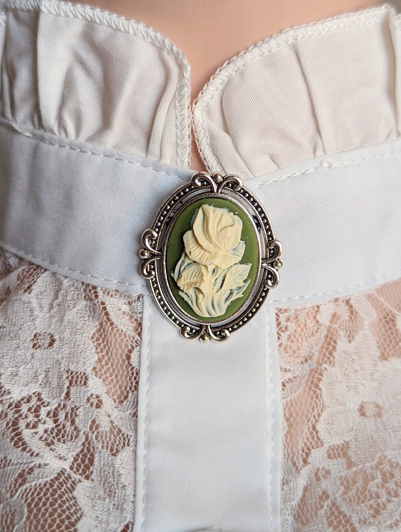Blue Cameo Brooch: Cabbage Rose Pin, Victorian Style Jewelry