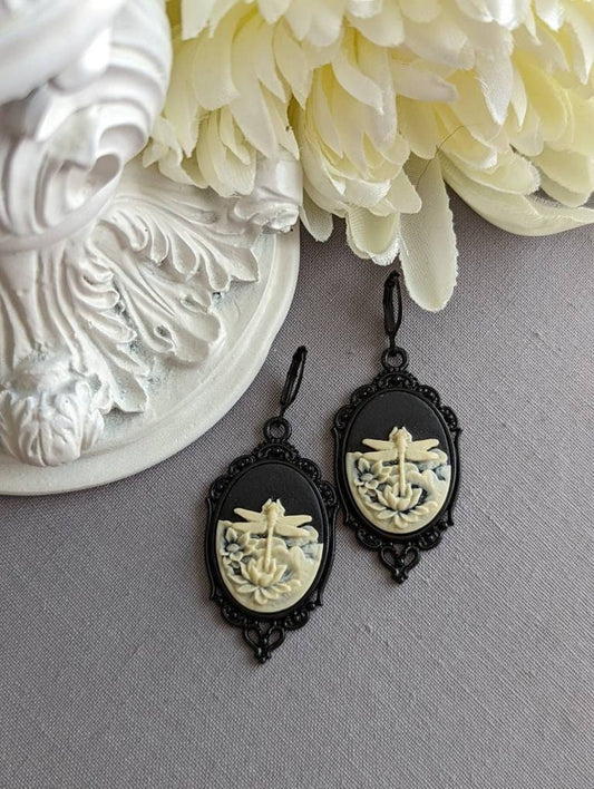Black Dragonfly Cameo Earrings: Gothic Victorian Style