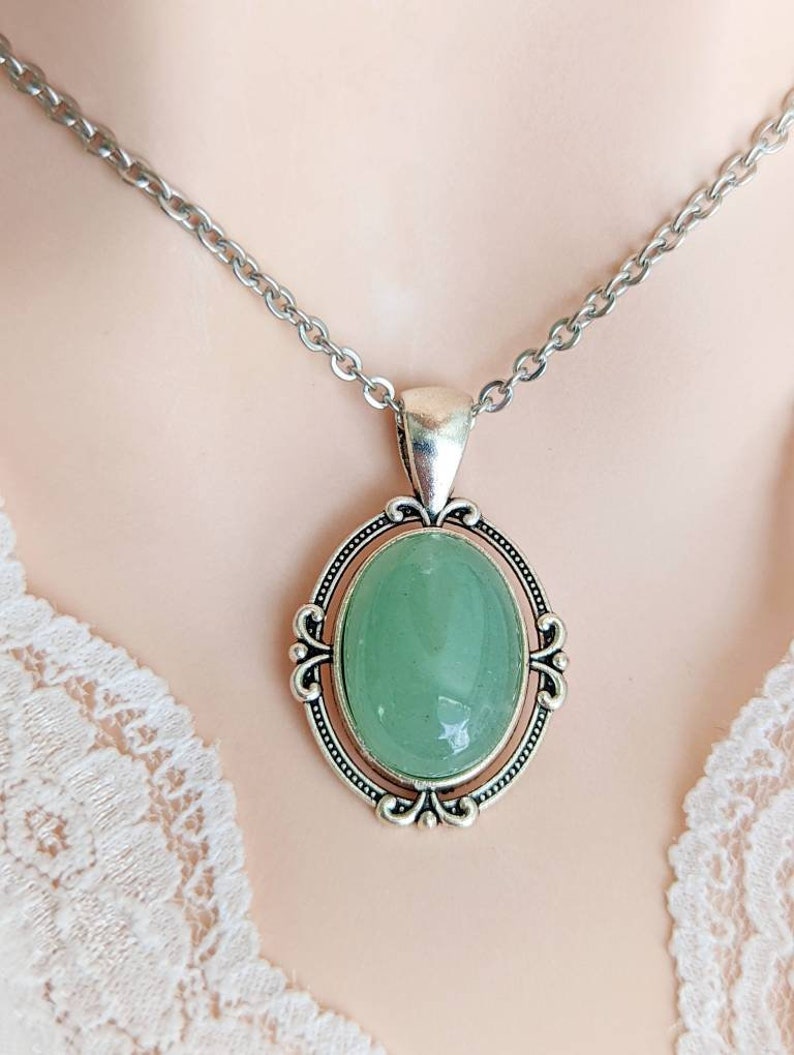 Green Aventurine Necklace, Vintage Silver Crystal Pendant Jewelry