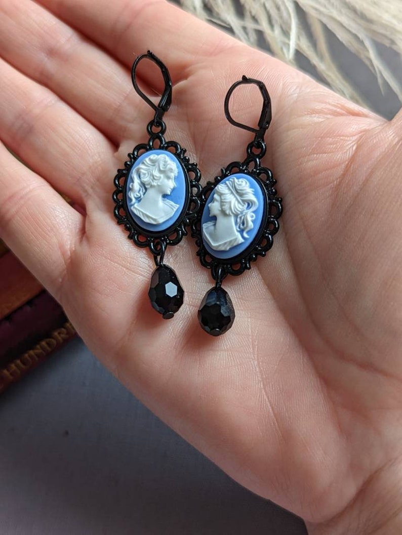 Blue Lady Cameo Earrings | Gothic Victorian Jewelry, Dark Academia Gift