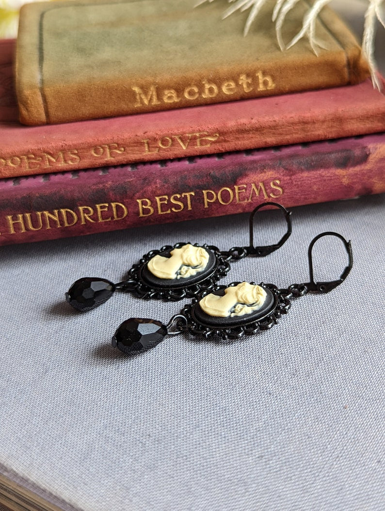 Gothic Victorian Cameo Earrings, Dark Academia Jewelry Gift
