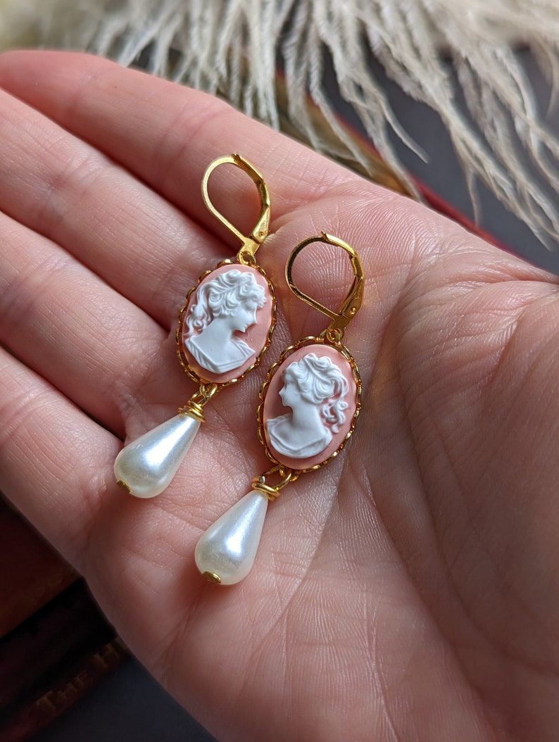 Handmade Pink Cameo Pearl Earrings | Victorian Romantic Jewelry