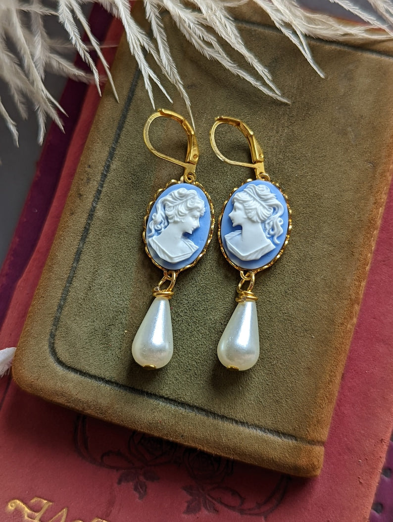 Blue Cameo Pearl Earrings | Victorian Brass Lace Vintage Jewelry