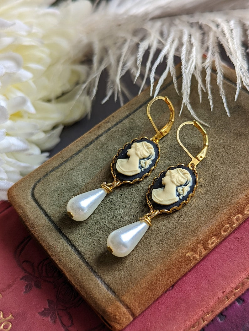 Blue Cameo Pearl Earrings | Victorian Brass Lace Vintage Jewelry