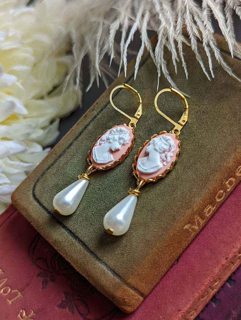 Blue Cameo Pearl Earrings | Victorian Brass Lace Vintage Jewelry