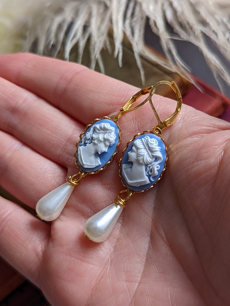 Blue Cameo Pearl Earrings | Victorian Brass Lace Vintage Jewelry