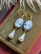 Blue Cameo Pearl Earrings | Victorian Brass Lace Vintage Jewelry