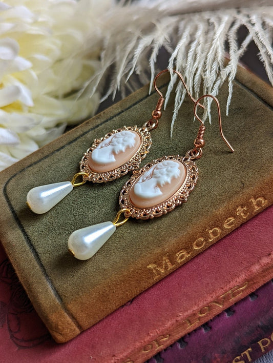 Victorian Cameo Pearl Drop Earrings, 14k Rose Gold Plated