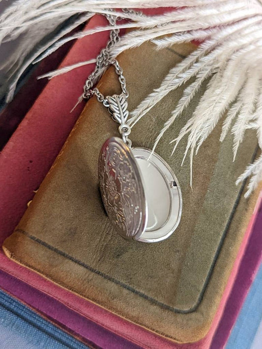 Embossed Floral Silver Locket Necklace | Vintage Photo Pendant Gift